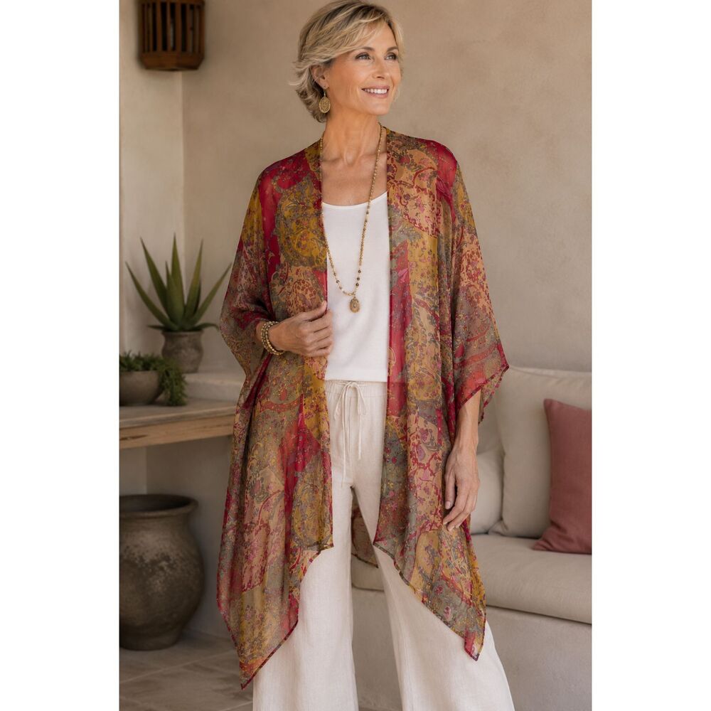 Soft Surroundings Fall Sheer Sz S M Kimono Crinkle Open Front Paisley Sequin Top